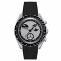 Chronograph watch with silver metal case, gray dial with moon phase, and black rubber strap