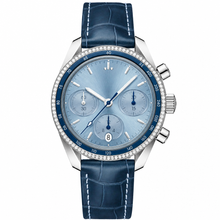 Relógio cronógrafo com pulseira de couro azul, 38 mm