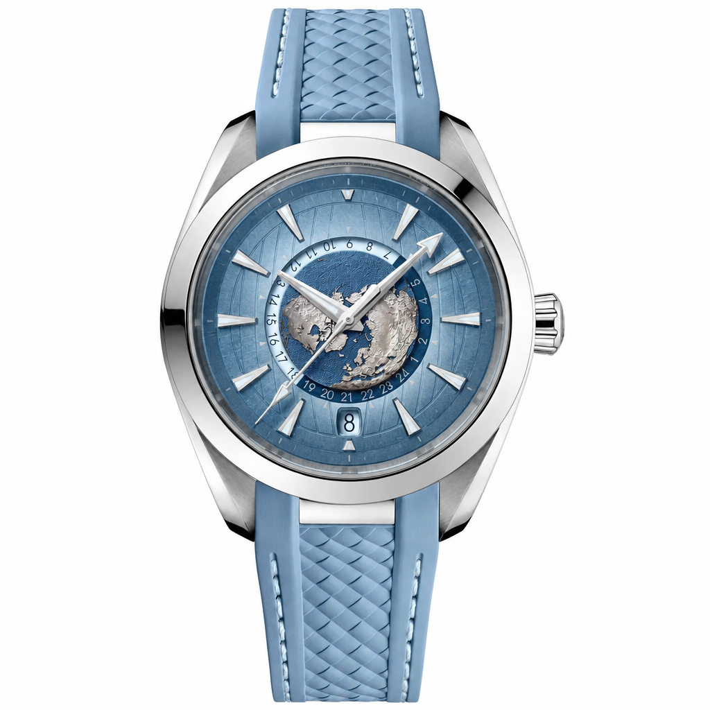 Sporty blue dial wristwatch with light blue rubber strap and silver metal case, 43mm size