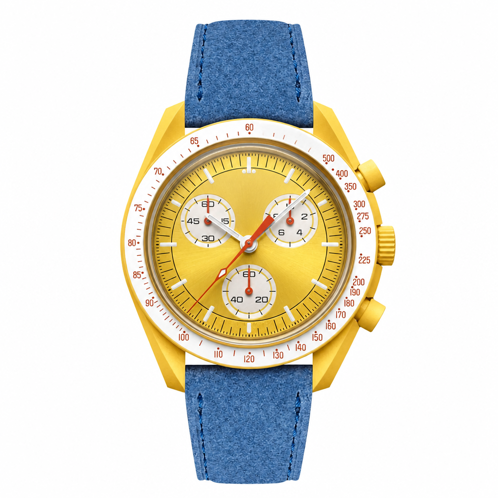 Yellow chronograph watch with blue suede strap on white background