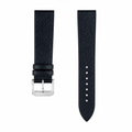 Black leather watch strap with silver buckle on white background