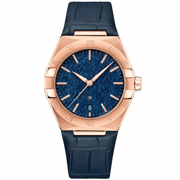 Men's dress watch with blue dial and rose gold tone case on blue leather strap