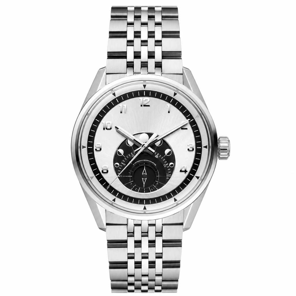 Classic silver-tone stainless steel watch with silver dial and black subdials