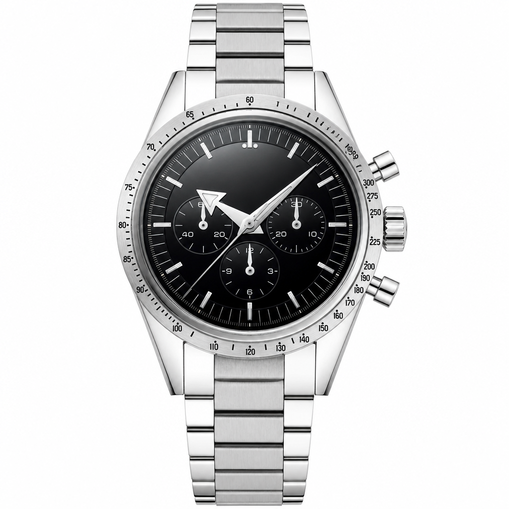 Silver stainless steel chronograph watch with black dial and metal bracelet on white background