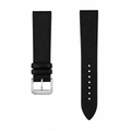 Black leather watch strap with silver buckle on white background