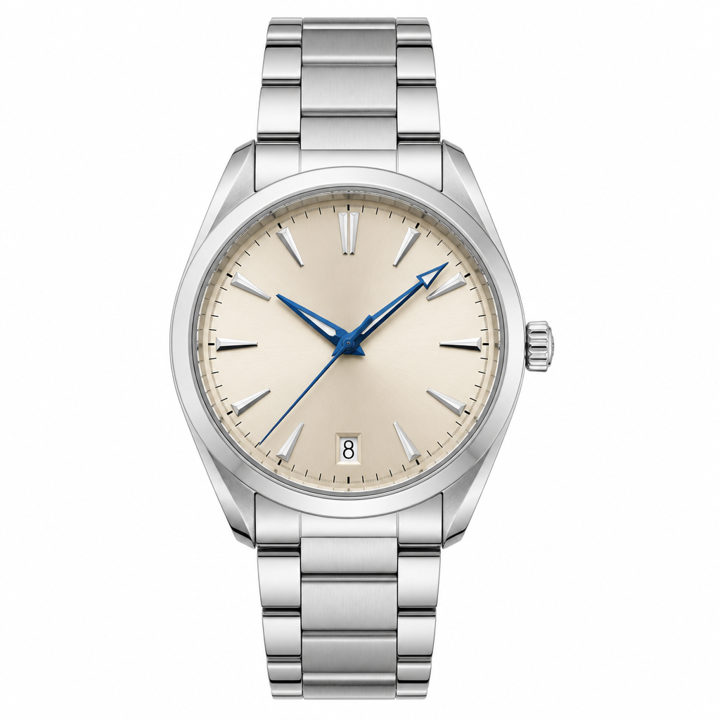 Classic stainless steel wristwatch with beige dial and silver bracelet