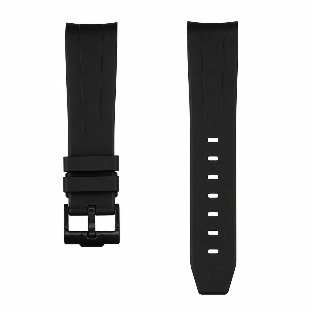 Black rubber watch strap with buckle displayed on white background