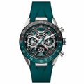 Men's chronograph watch with skeleton dial and teal rubber strap
