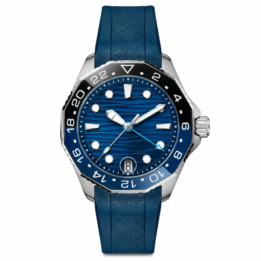 Blue dial sport watch with silver steel case and blue rubber strap on white background