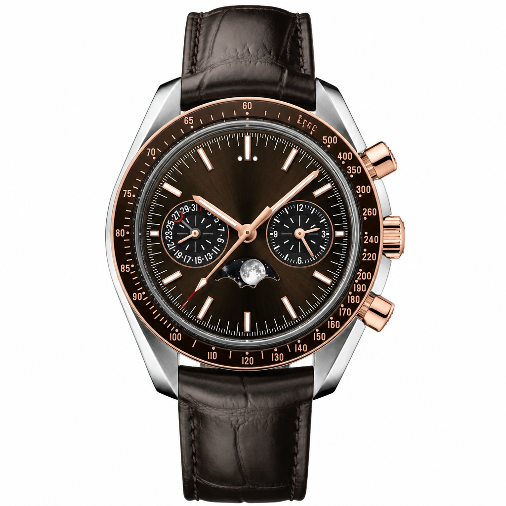 Leather strap watch with brown dial and rose gold-tone bezel 44mm