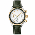 Chronograph watch with 38mm silver and gold-tone case, white dial, and green leather strap