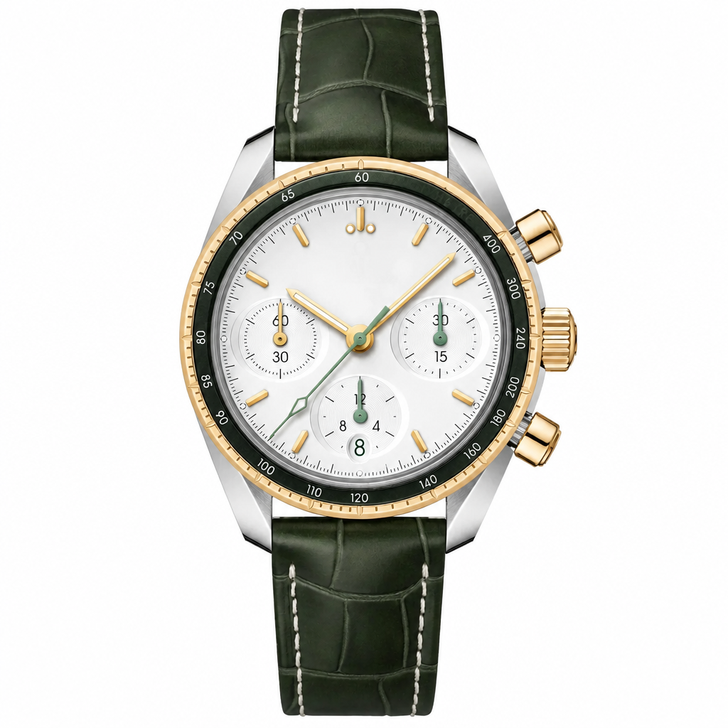 Chronograph watch with 38mm silver and gold-tone case, white dial, and green leather strap