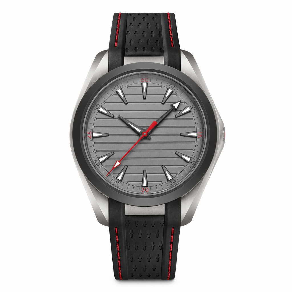 Casual sport watch with gray dial and black rubber strap with red stitching