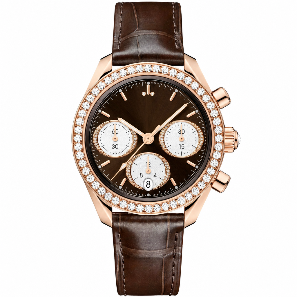Luxury 38mm chronograph dress watch with rose gold case, diamond bezel, brown dial, and brown leather strap