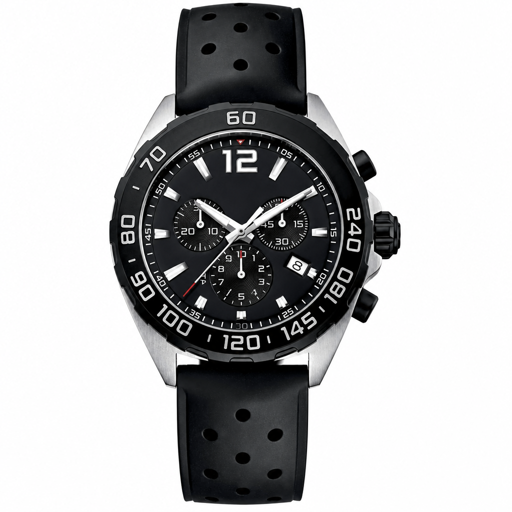 Sport chronograph watch with black dial, black bezel, and black perforated rubber strap