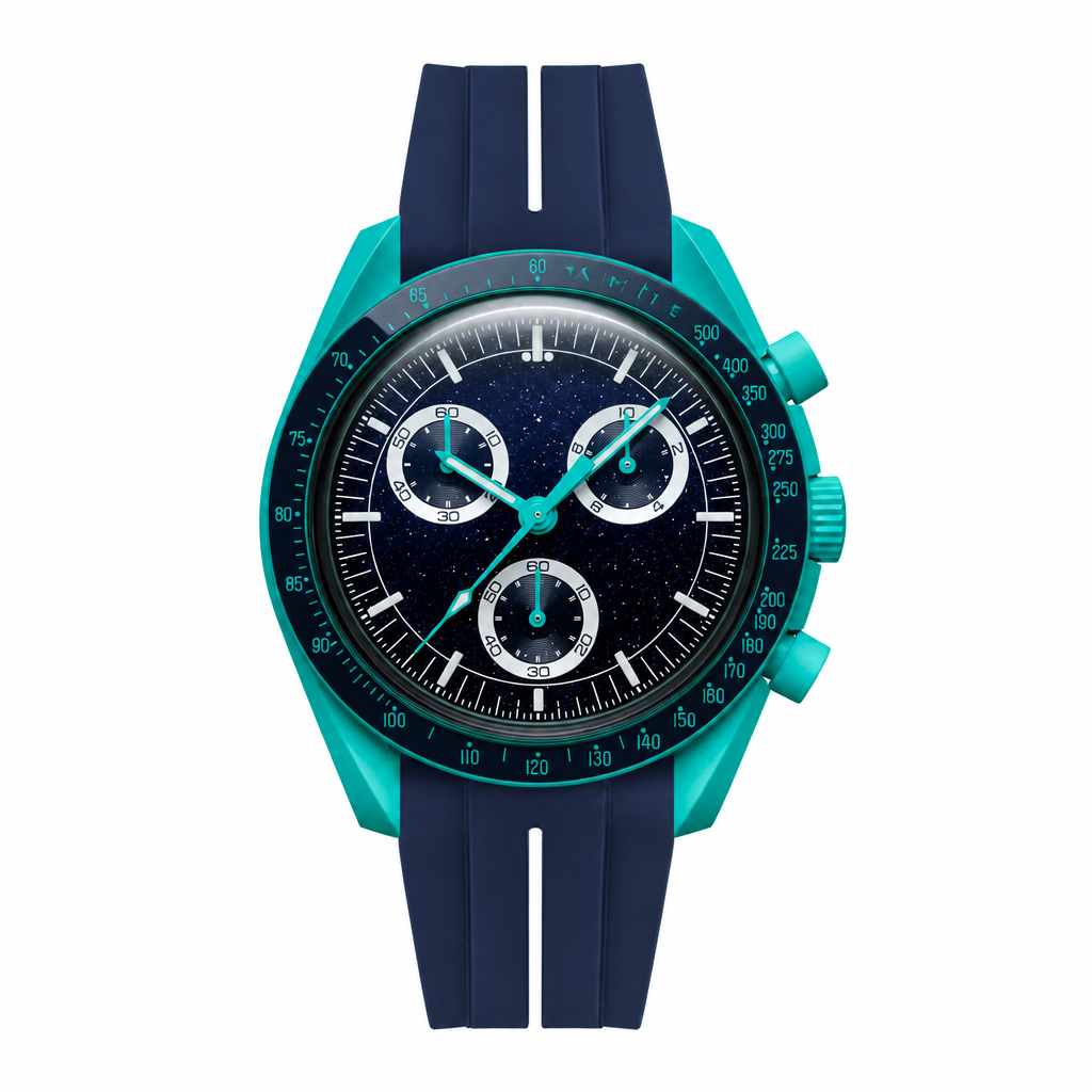 Sport chronograph watch with navy blue starry dial, turquoise case, and navy blue rubber strap on white background