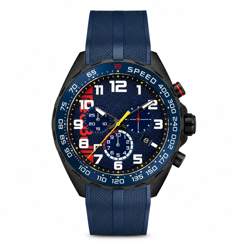 Sport Chronograph Watch with blue dial and black case on blue rubber strap