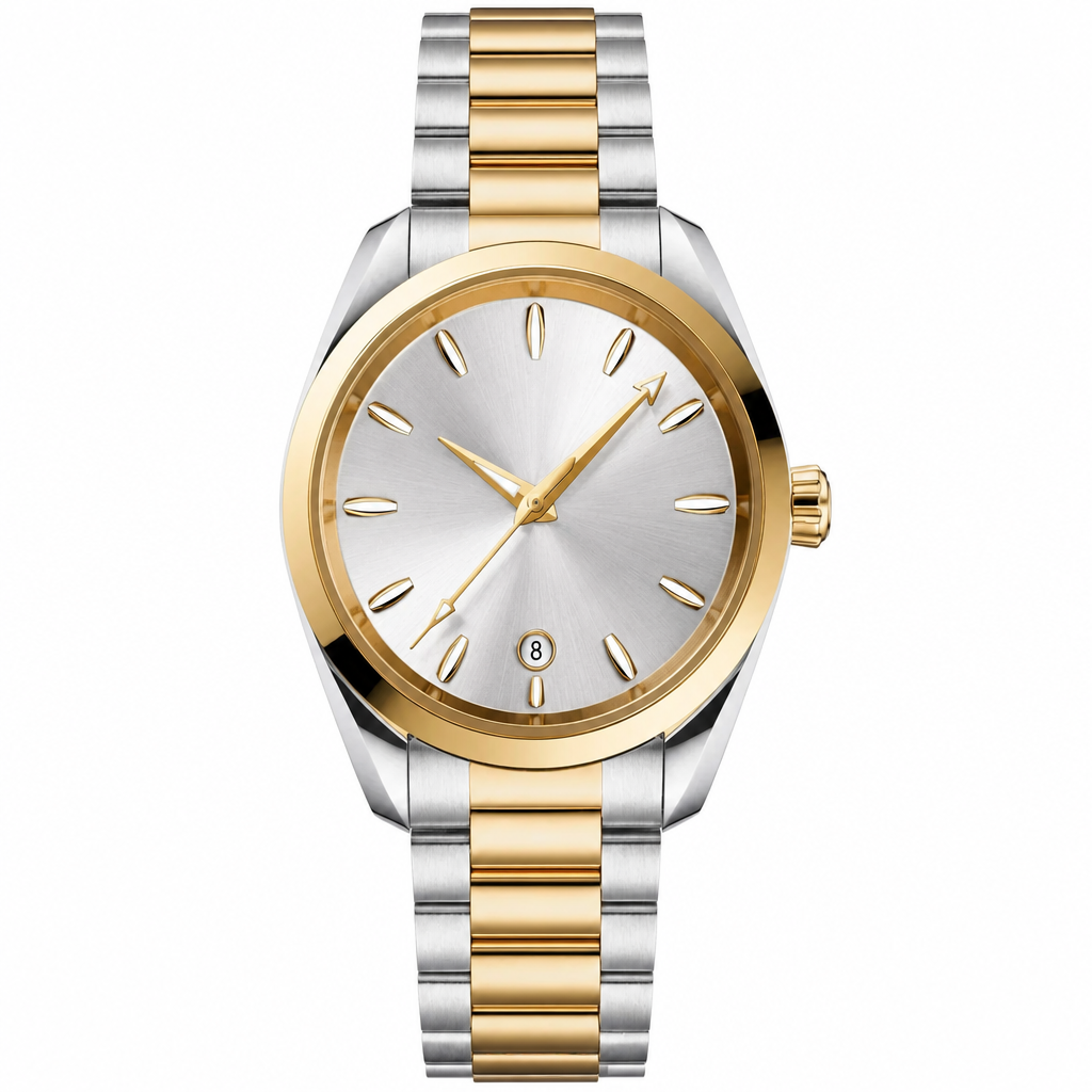 Classic two-tone metal dress watch with silver dial and gold accents, 38mm case