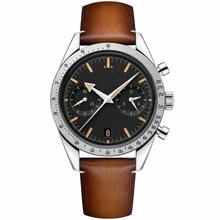 Relógio cronógrafo masculino com pulseira de couro marrom, 41 mm