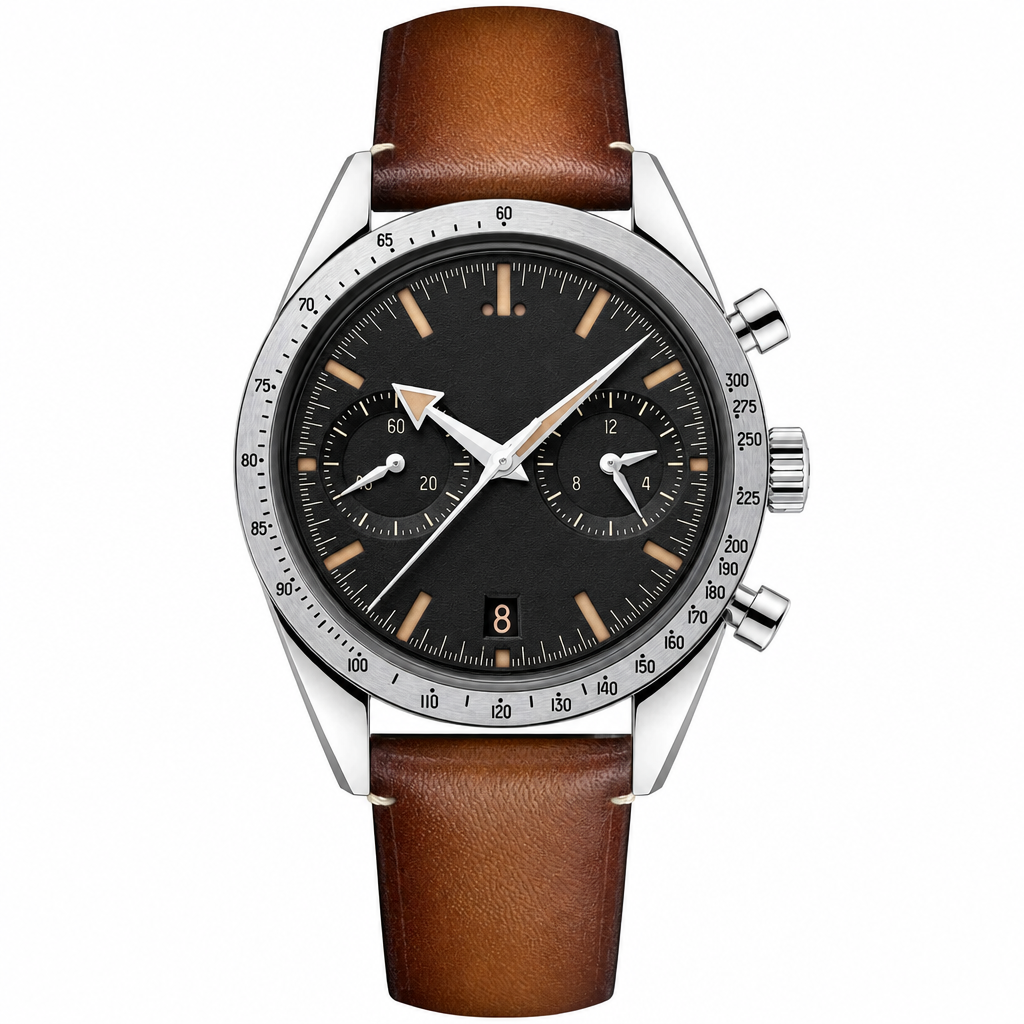 Men's chronograph watch with black dial and brown leather strap 41mm