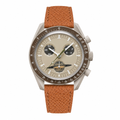 Chronograph watch with beige dial, black subdials, brown leather strap, and metal case on white background