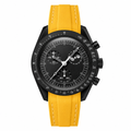 Chronograph watch with black dial and yellow rubber strap on white background