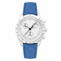 Casual watch with a white dial and blue suede strap on a white background
