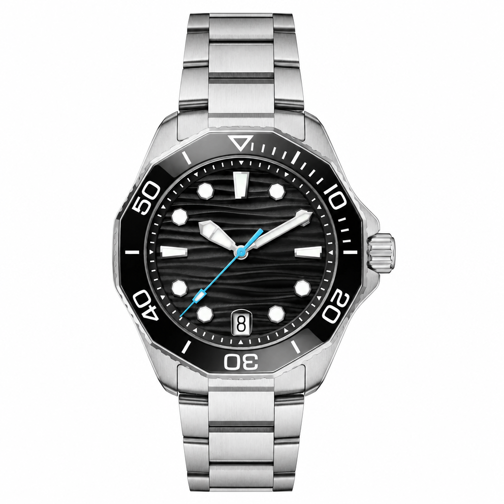 Stainless steel diver watch with black dial and metal bracelet on white background