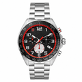 Chronograph sport watch with black dial, red accents, and stainless steel bracelet