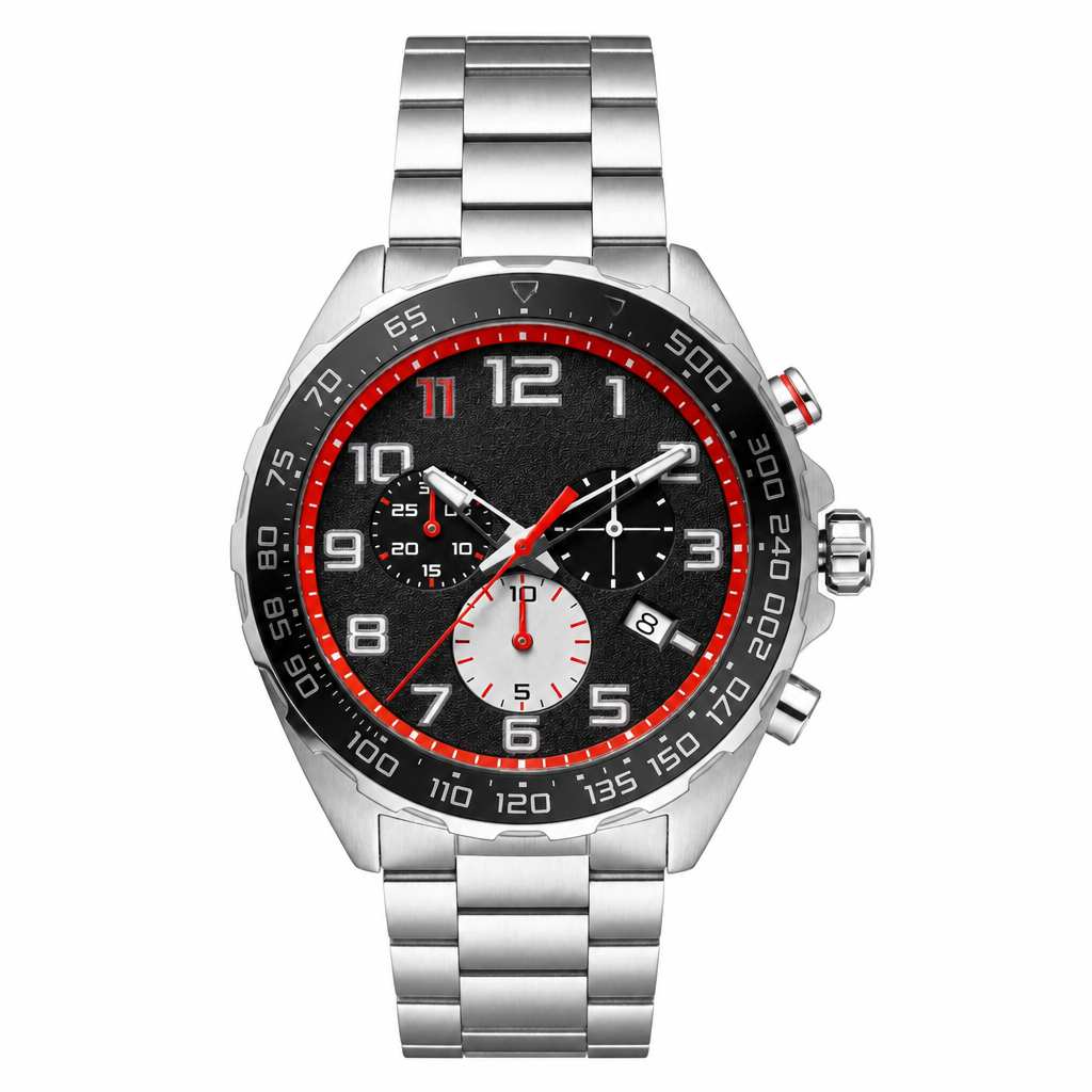 Chronograph sport watch with black dial, red accents, and stainless steel bracelet