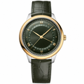 Classic dress watch with green dial and green leather strap, gold bezel and silver case, 42mm