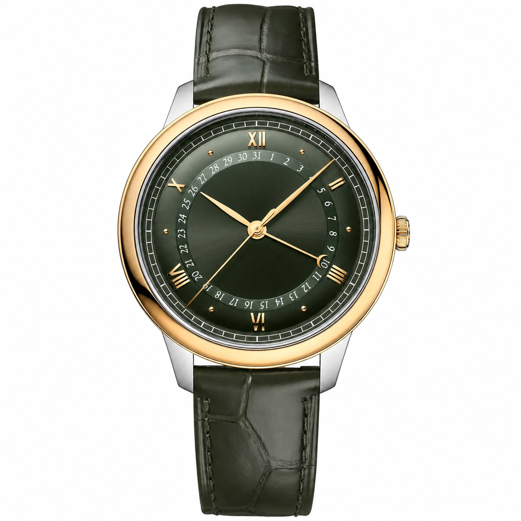 Classic dress watch with green dial and green leather strap, gold bezel and silver case, 42mm