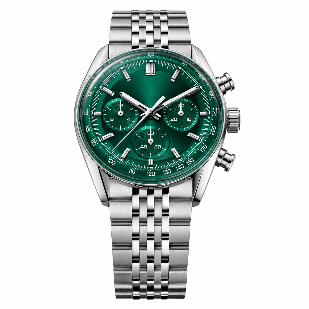 Chronograph watch with green dial and silver metal bracelet front view