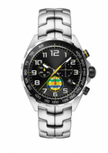 Men's sport chronograph watch with black dial, yellow accents, and silver metal strap