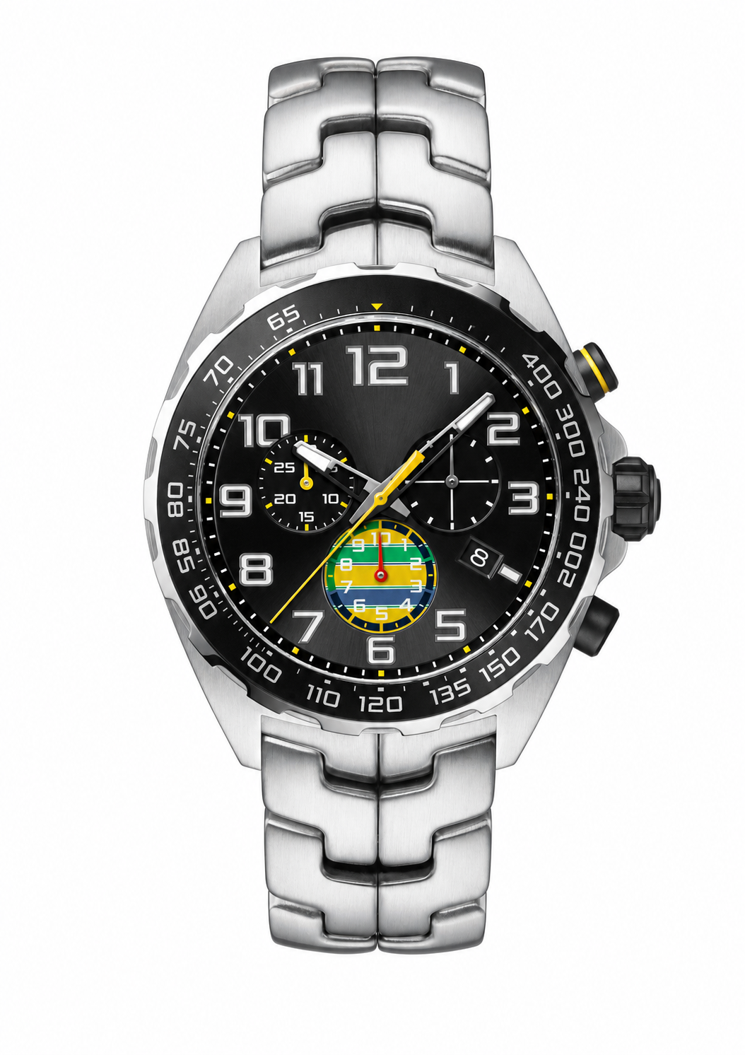 Men's sport chronograph watch with black dial, yellow accents, and silver metal strap