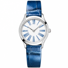 Relógio feminino elegante de ocasião com pulseira de couro azul e caixa prateada