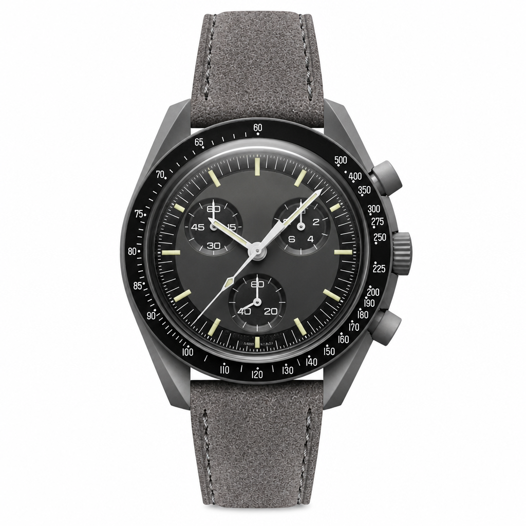 Chronograph watch with grey suede strap and dark dial