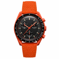 Chronograph watch with black dial, orange metal case, and orange leather strap