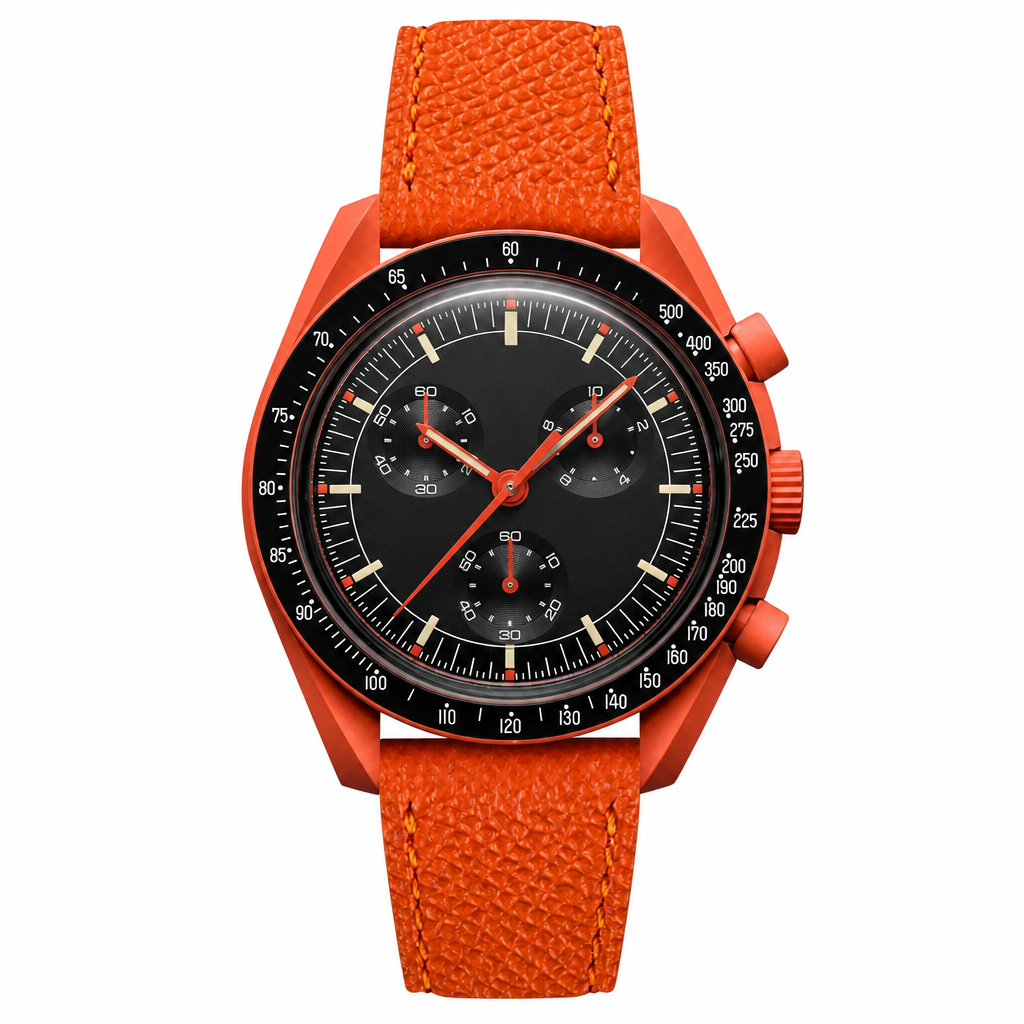 Chronograph watch with black dial, orange metal case, and orange leather strap