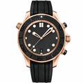 Sport watch with rose gold-tone case and black rubber strap on white background