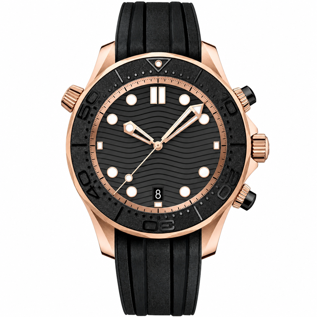 Sport watch with rose gold-tone case and black rubber strap on white background