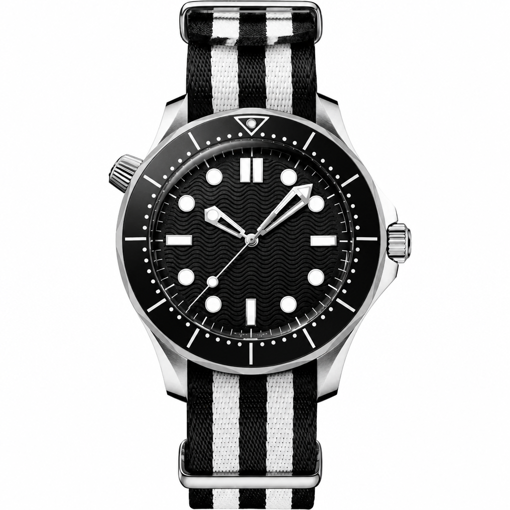 Sports diver watch with black dial and black and white nylon strap, 42mm size