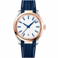 38mm watch with white dial, rose gold and silver bezel, and blue synthetic strap