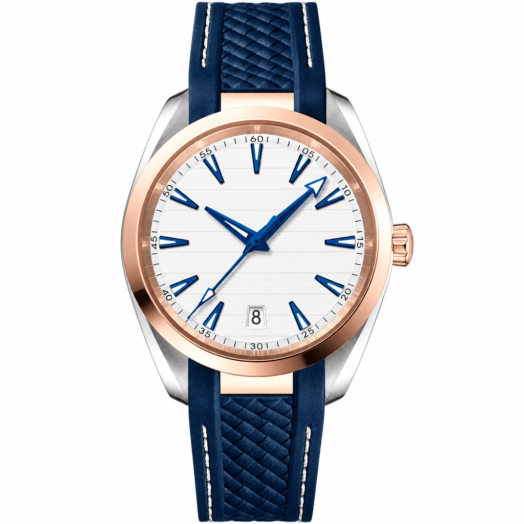 38mm watch with white dial, rose gold and silver bezel, and blue synthetic strap