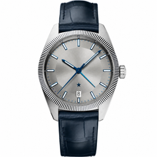 Relógio de pulso com calendário, prateado, com pulseira de couro azul, 41 mm