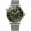 Diver style watch with green dial and metal mesh strap, 42mm size