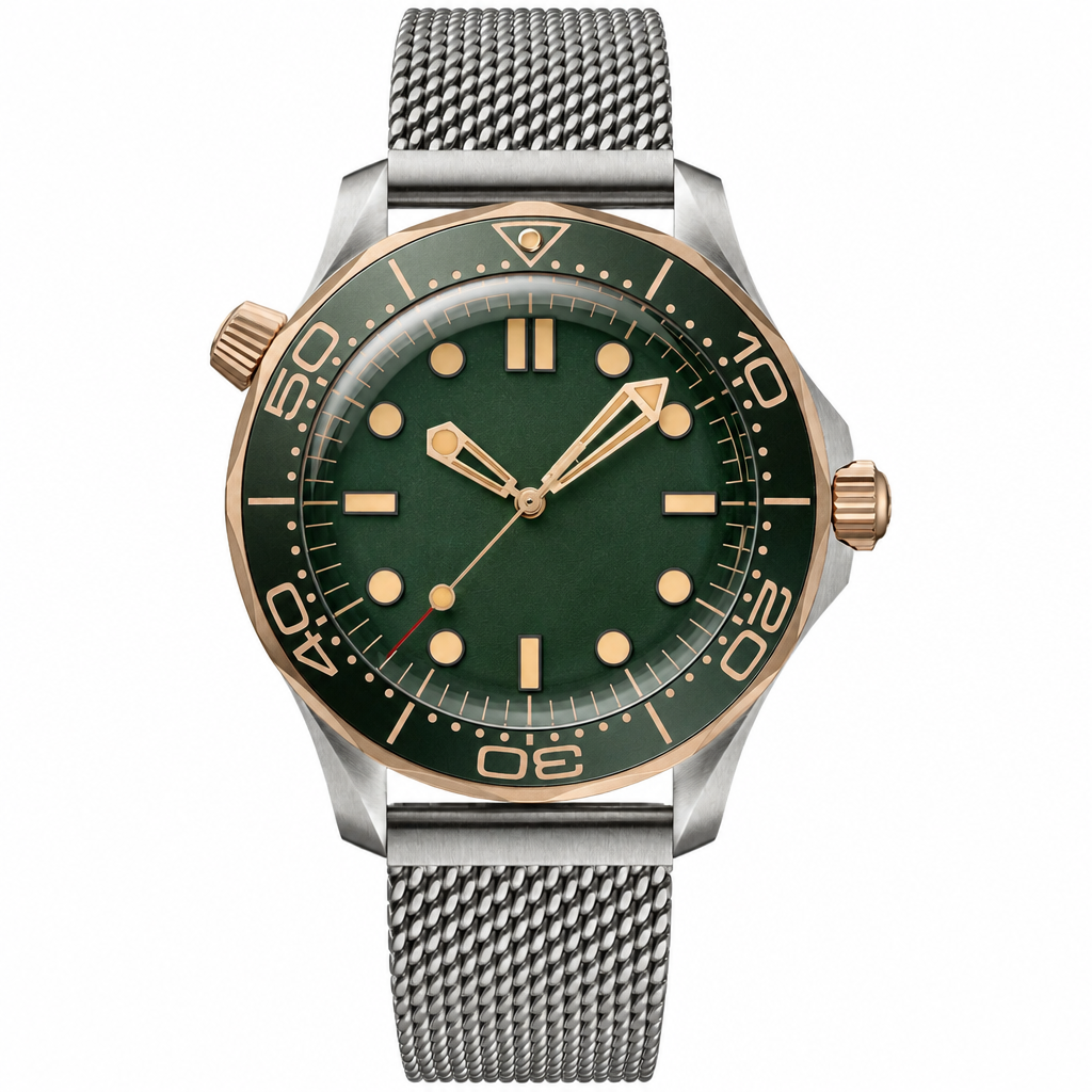 Diver style watch with green dial and metal mesh strap, 42mm size