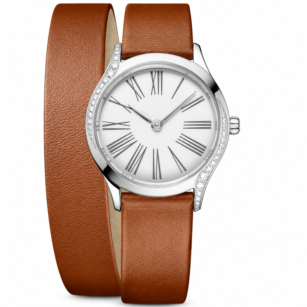 Classic silver-tone dress watch with white dial and brown leather double-wrap strap