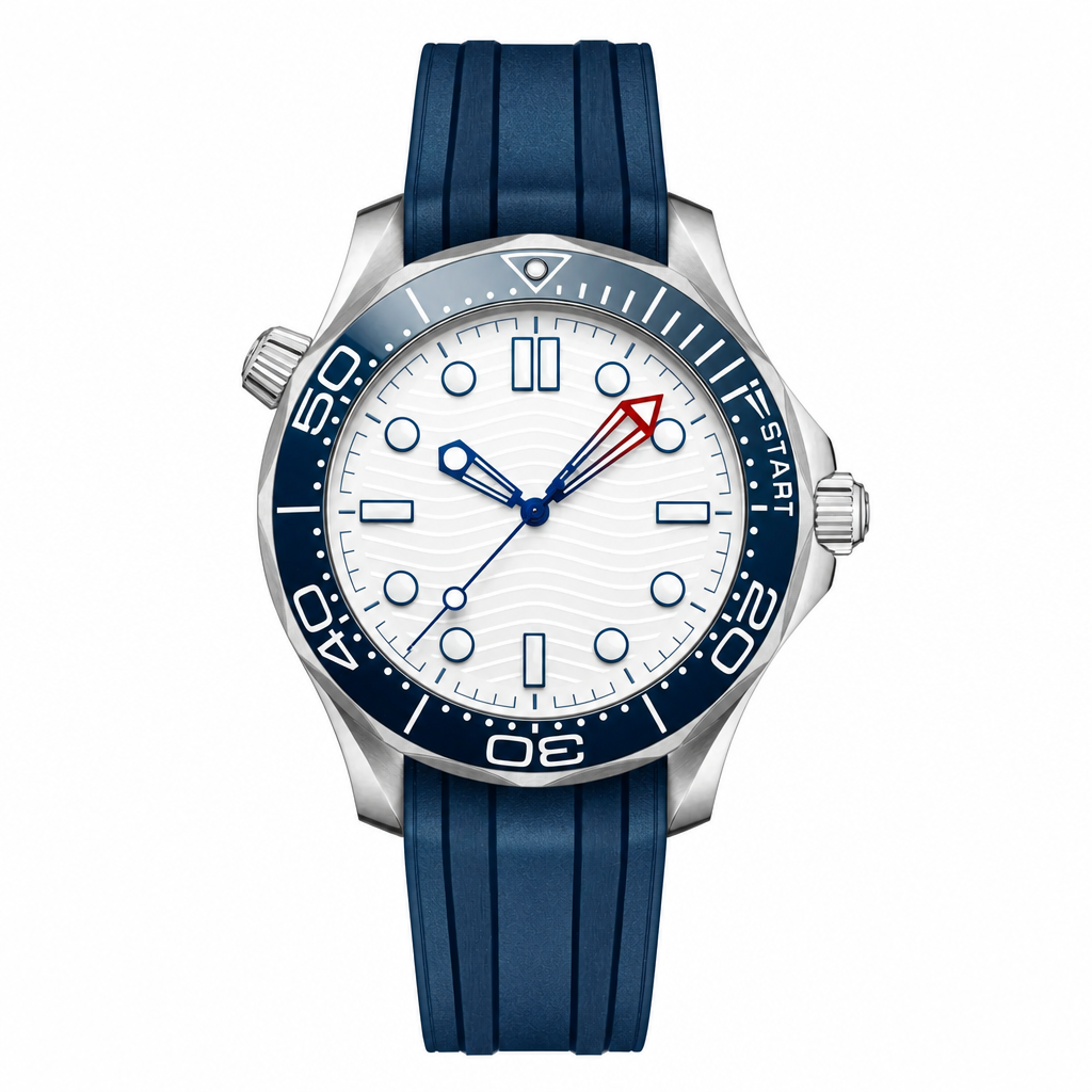 42mm sports diver watch with white dial and blue rubber strap product photo