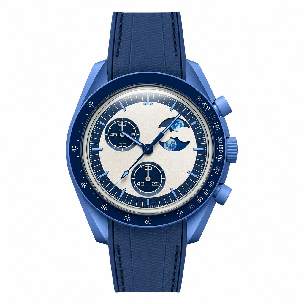 Blue watch with blue rubber strap and moon phase dial on white background